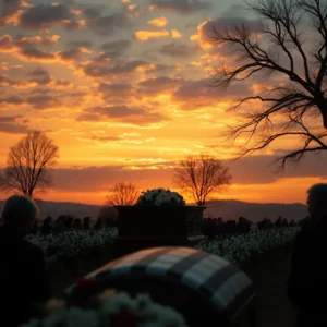 Cérémonie funèbre en plein air sous un ciel crépusculaire orangé.