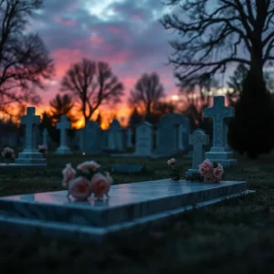 Cimetière au coucher du soleil avec des tombes en marbre et des fleurs roses.